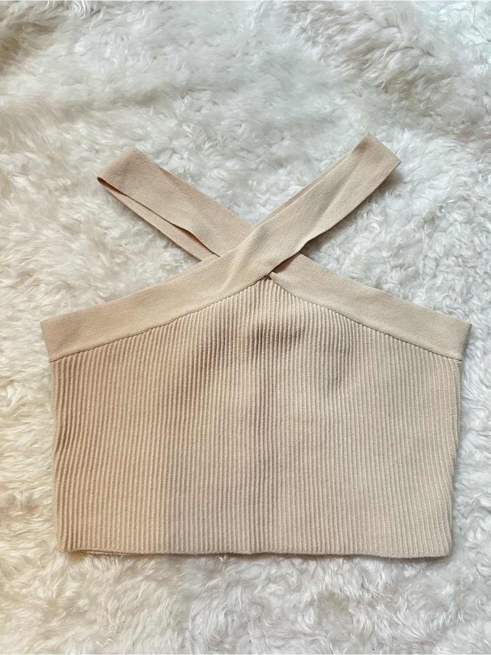 Love Tree Neutral Ribbed Cross-Front Crop Top
